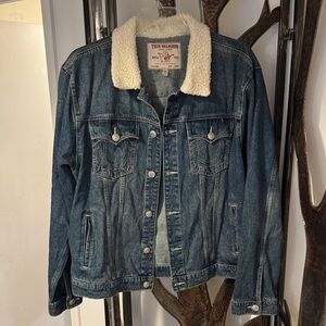 Mens XXL True Religion Blue Denim Jacket with Sherpa Collar